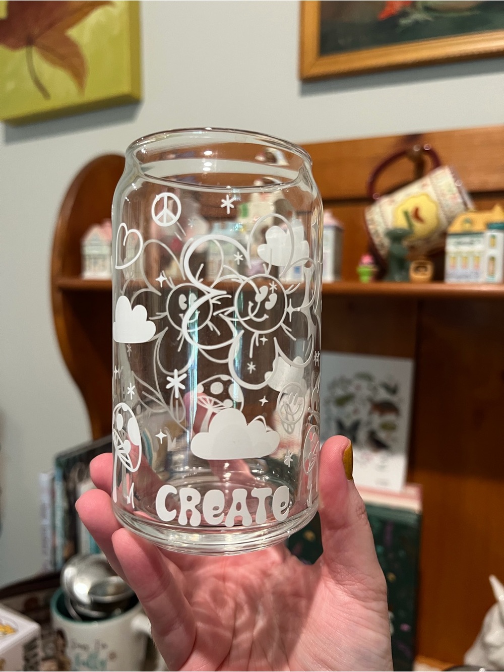 Hand Crafted Clear Glass Tumbler with White 'Create' Graphic